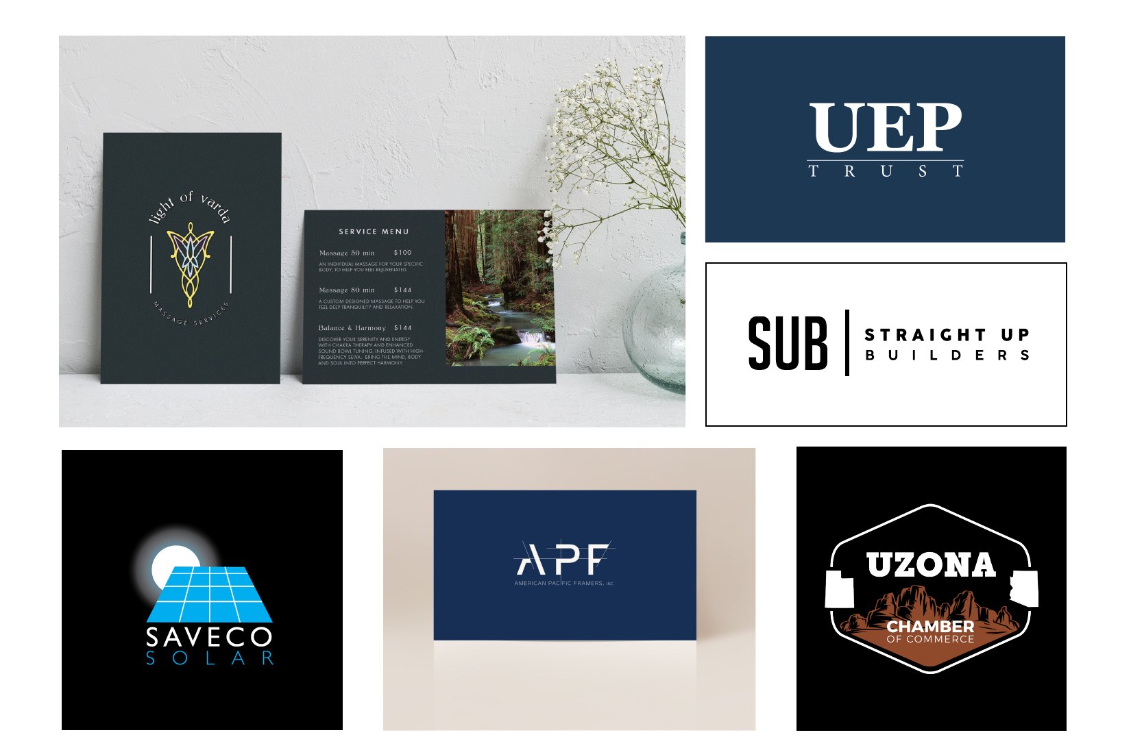 UEP · Straight Up · Saveco · APF · Uzona Chamber: logos, menus, cards